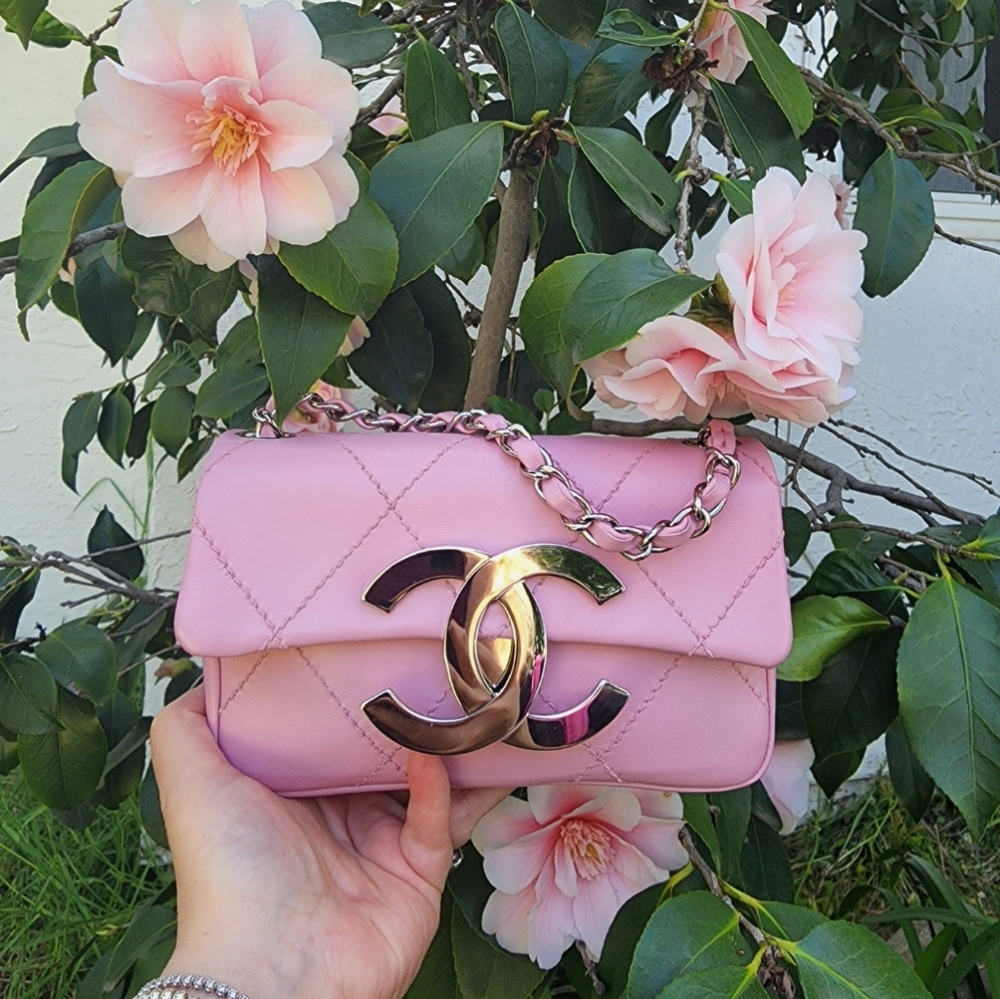 Chanel quilted extra large logo pink crossbody